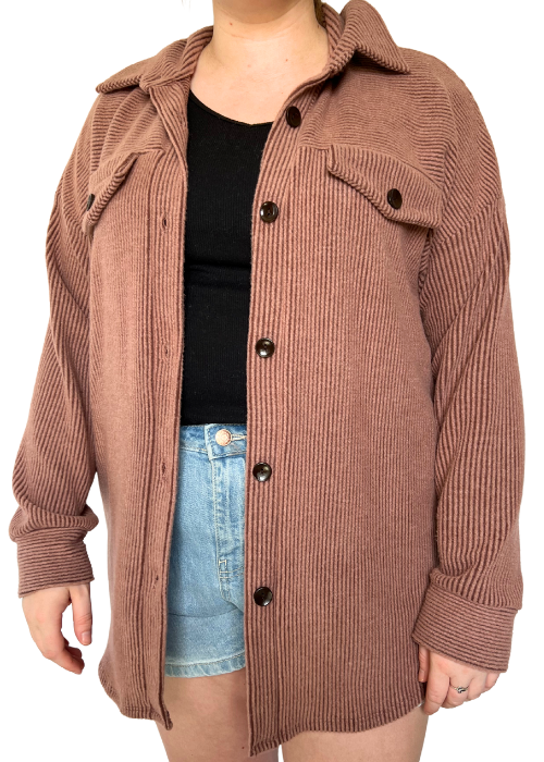 Solid Ribbed Button Down Shacket in Vintage Burgundy