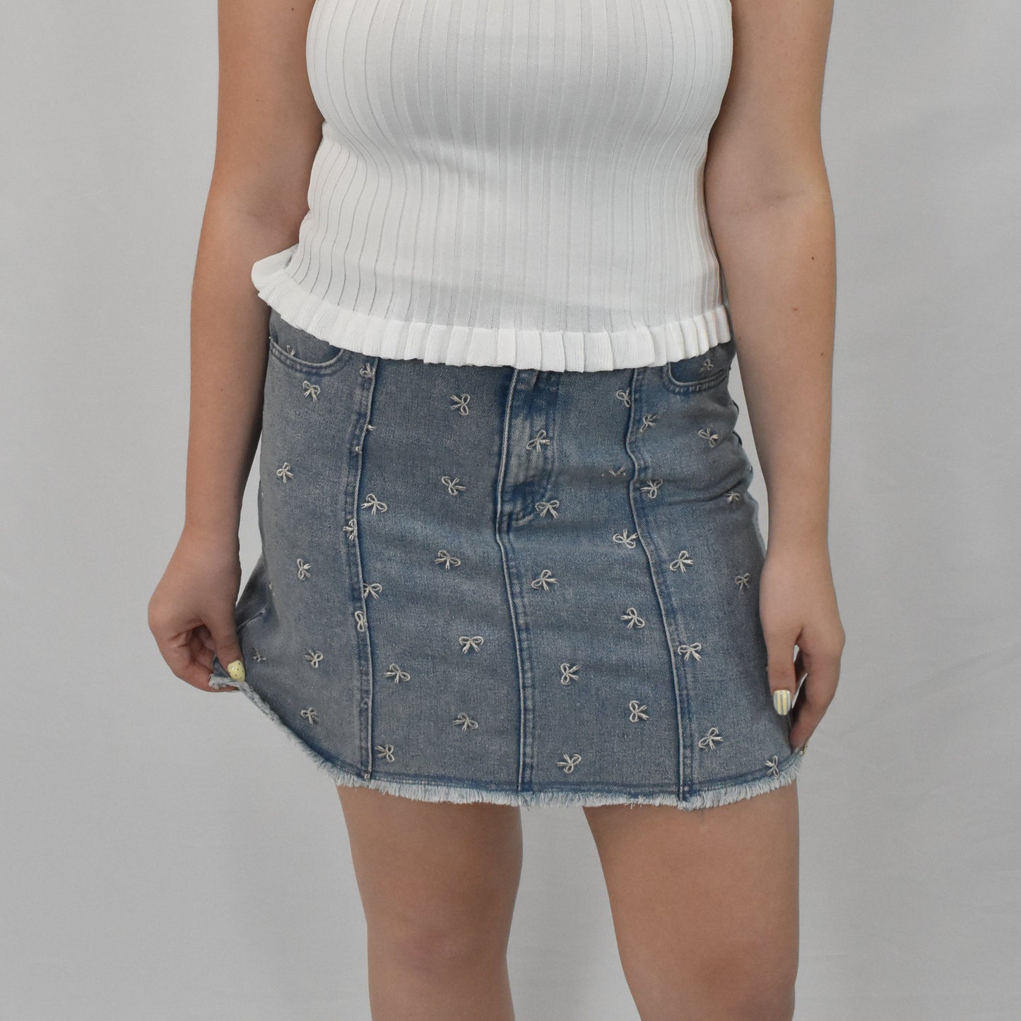 Bow Printed Casual Denim Mini Skirt