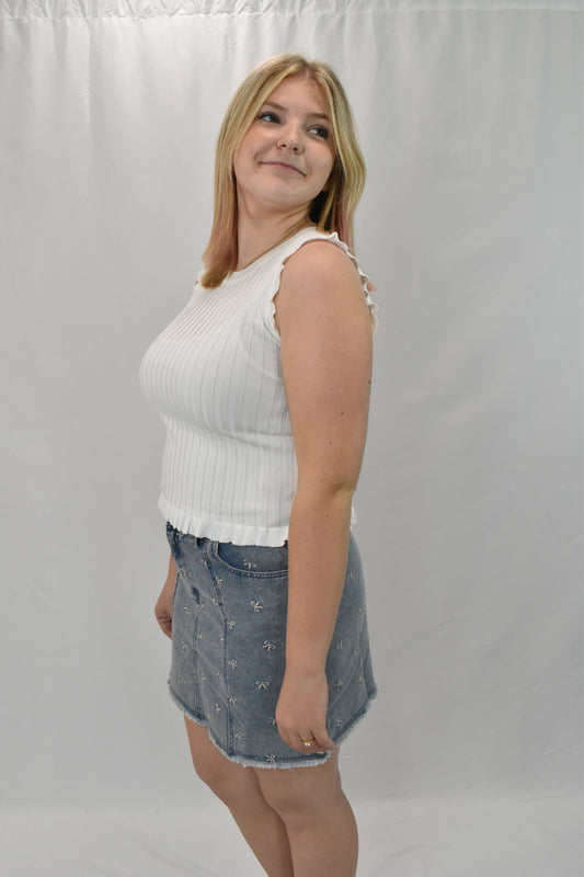 White Sleeveless Frill Top