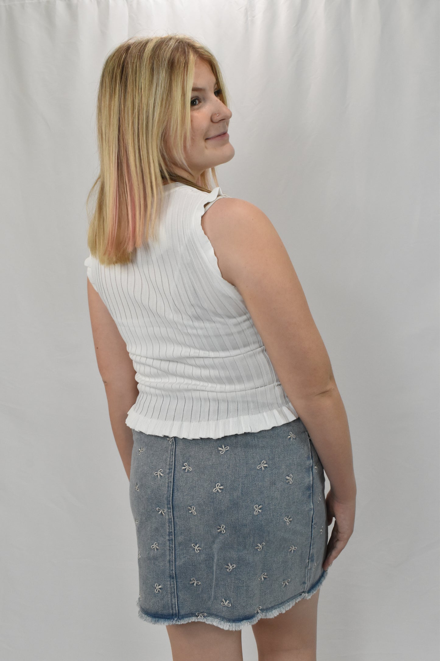 White Sleeveless Frill Top