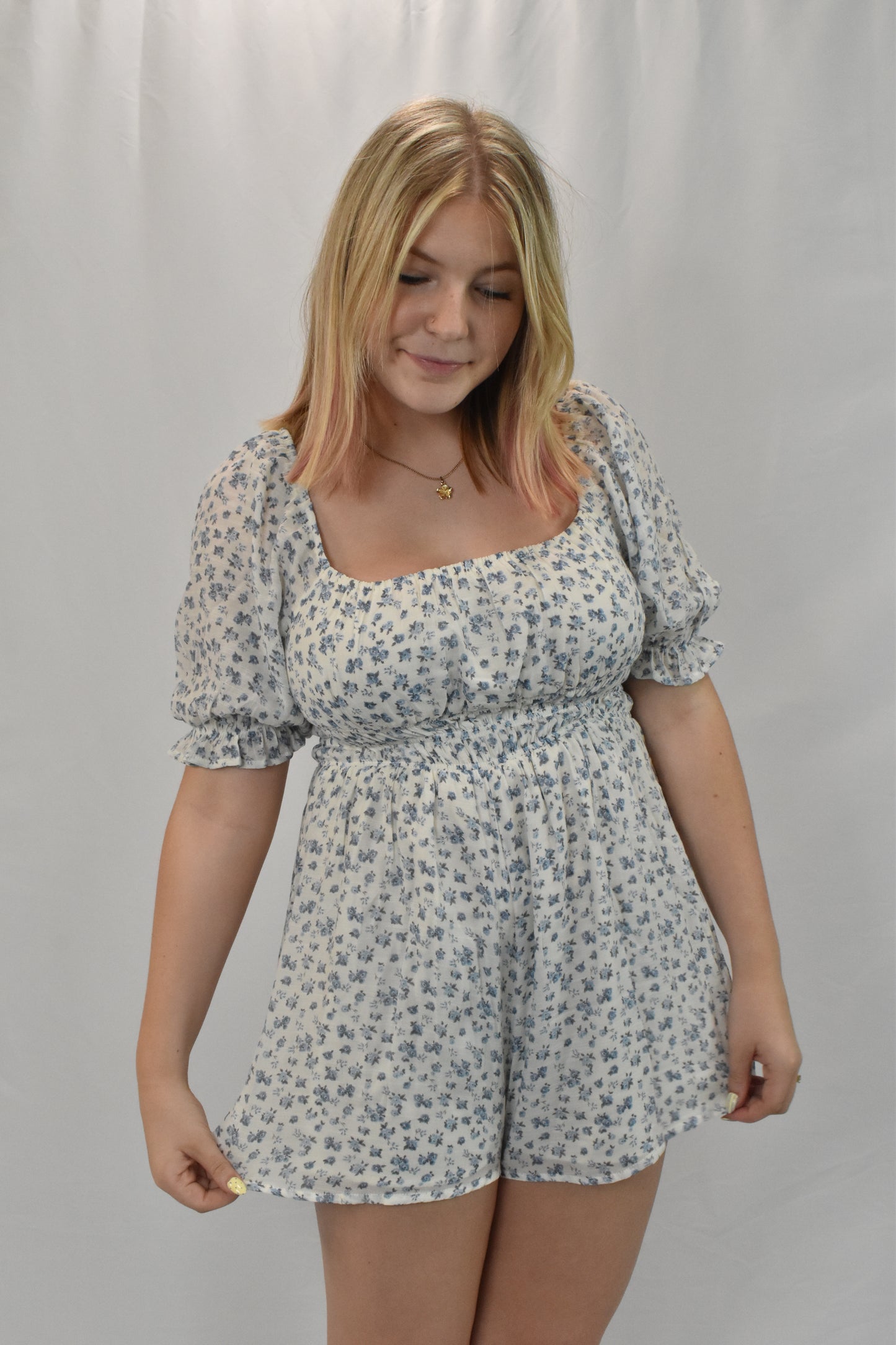 Blue & White Puff Sleeve Floral Print Romper