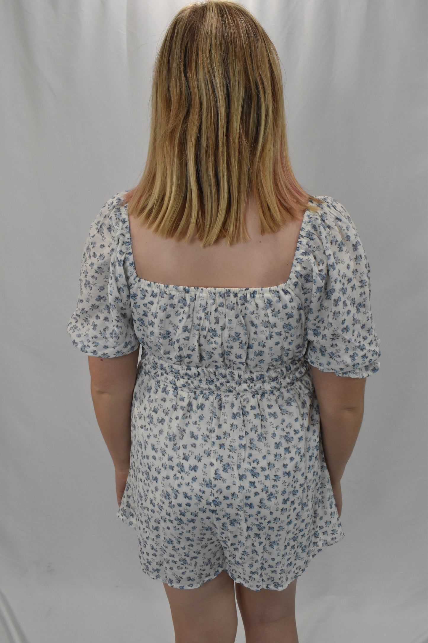 Blue & White Puff Sleeve Floral Print Romper