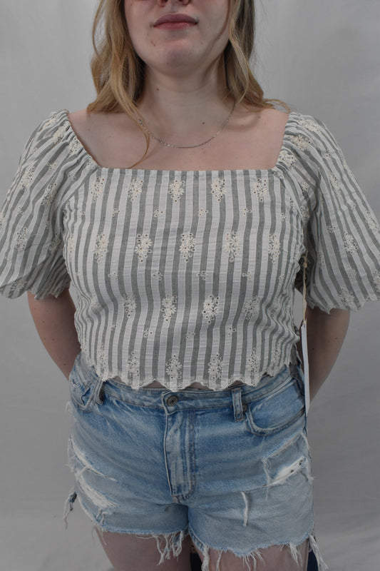 Striped Floral Eyelet Crop Top