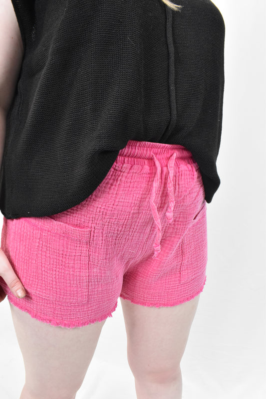 Hot Pink Front Ribbon Tie Fringe Cargo Washed Shorts