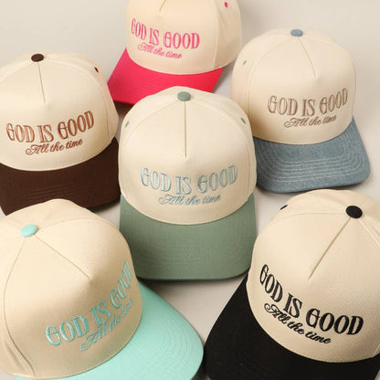 God Is Good All The Time Embroidery Trucker Hat: Brown / ONE SIZE
