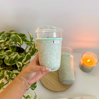 Dainty Green Floral Iced Coffee Sleeve – Reusable Cup Holder