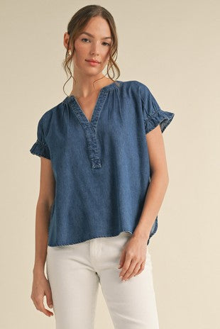 Denim Top with Ruffle Short Sleeves