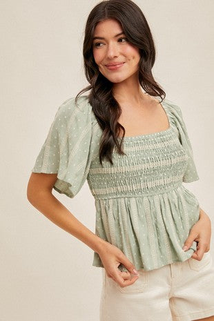 Blue Smocked Bust Embroidered Linen Top