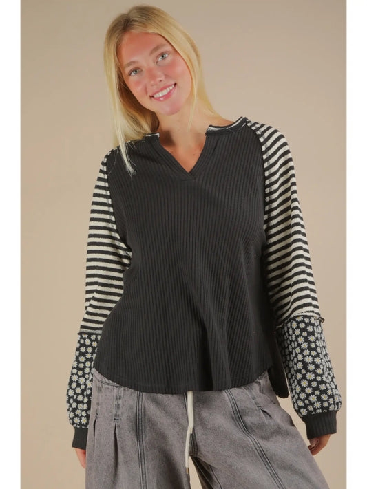 Black Floral + Stripe Top