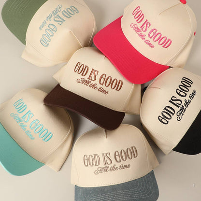 God Is Good All The Time Embroidery Trucker Hat: Brown / ONE SIZE