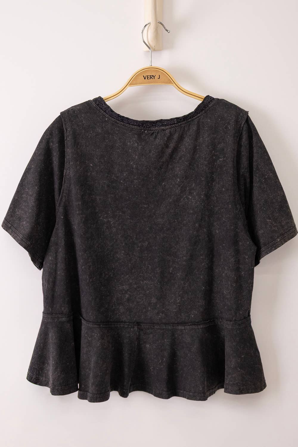 Black Mineral Washed V-Neck with Lace Trim Detail