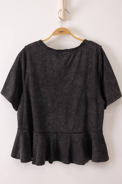 Black Mineral Washed V-Neck with Lace Trim Detail