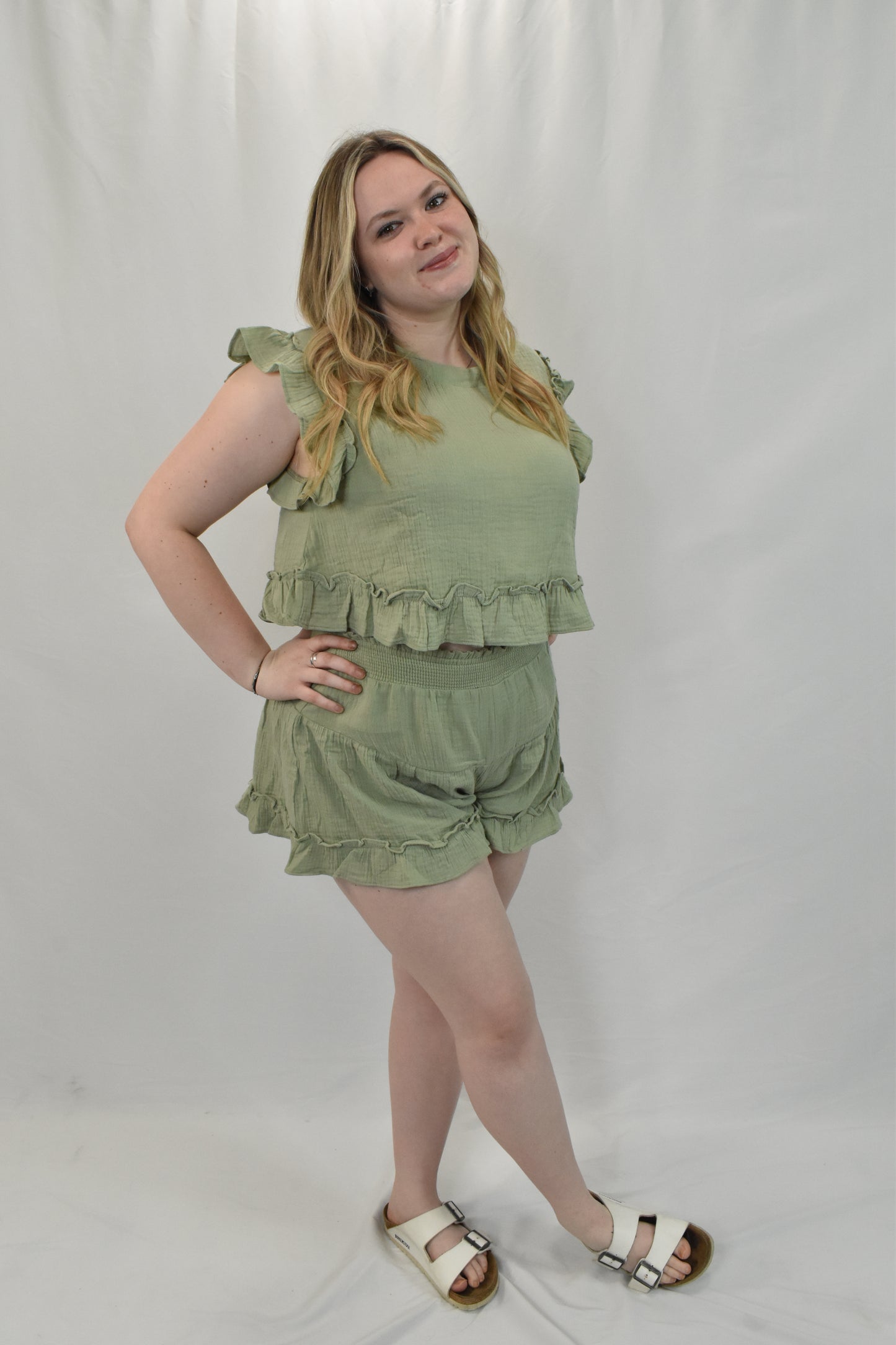 Sage Ruffled Solid Woven Top & Shorts Set