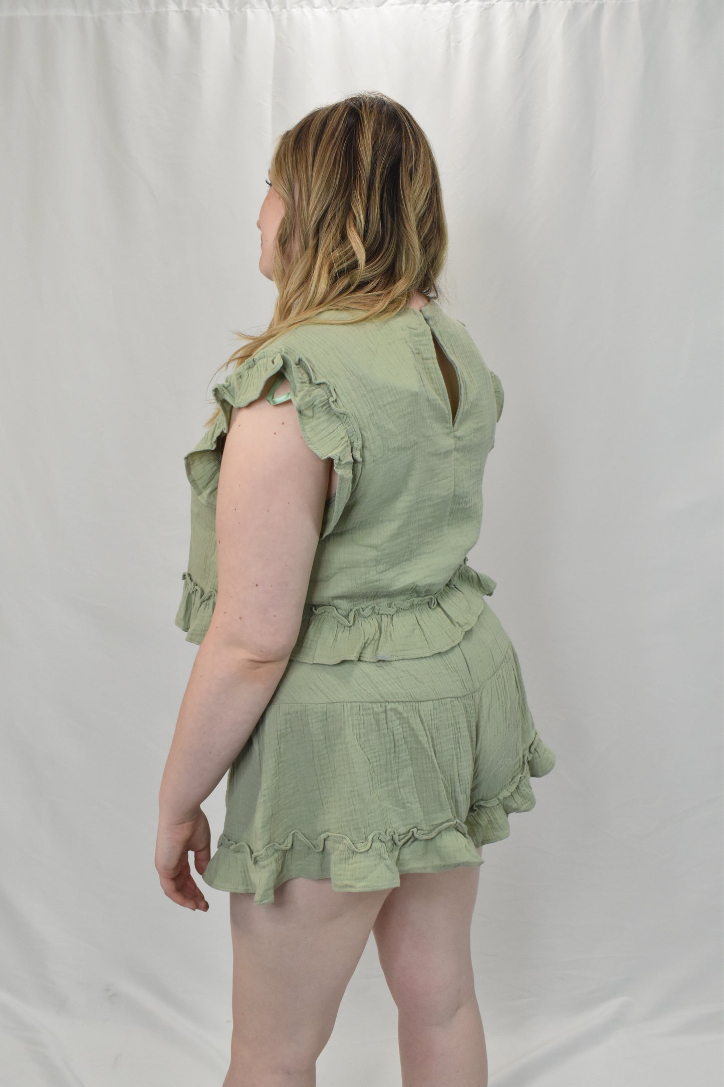 Sage Ruffled Solid Woven Top & Shorts Set
