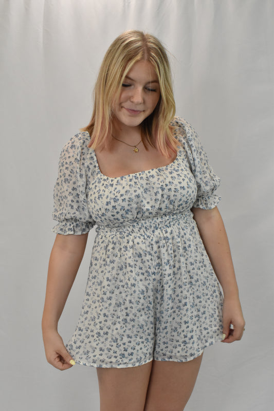 Blue & White Puff Sleeve Floral Print Romper