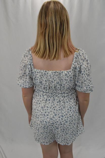 Blue & White Puff Sleeve Floral Print Romper