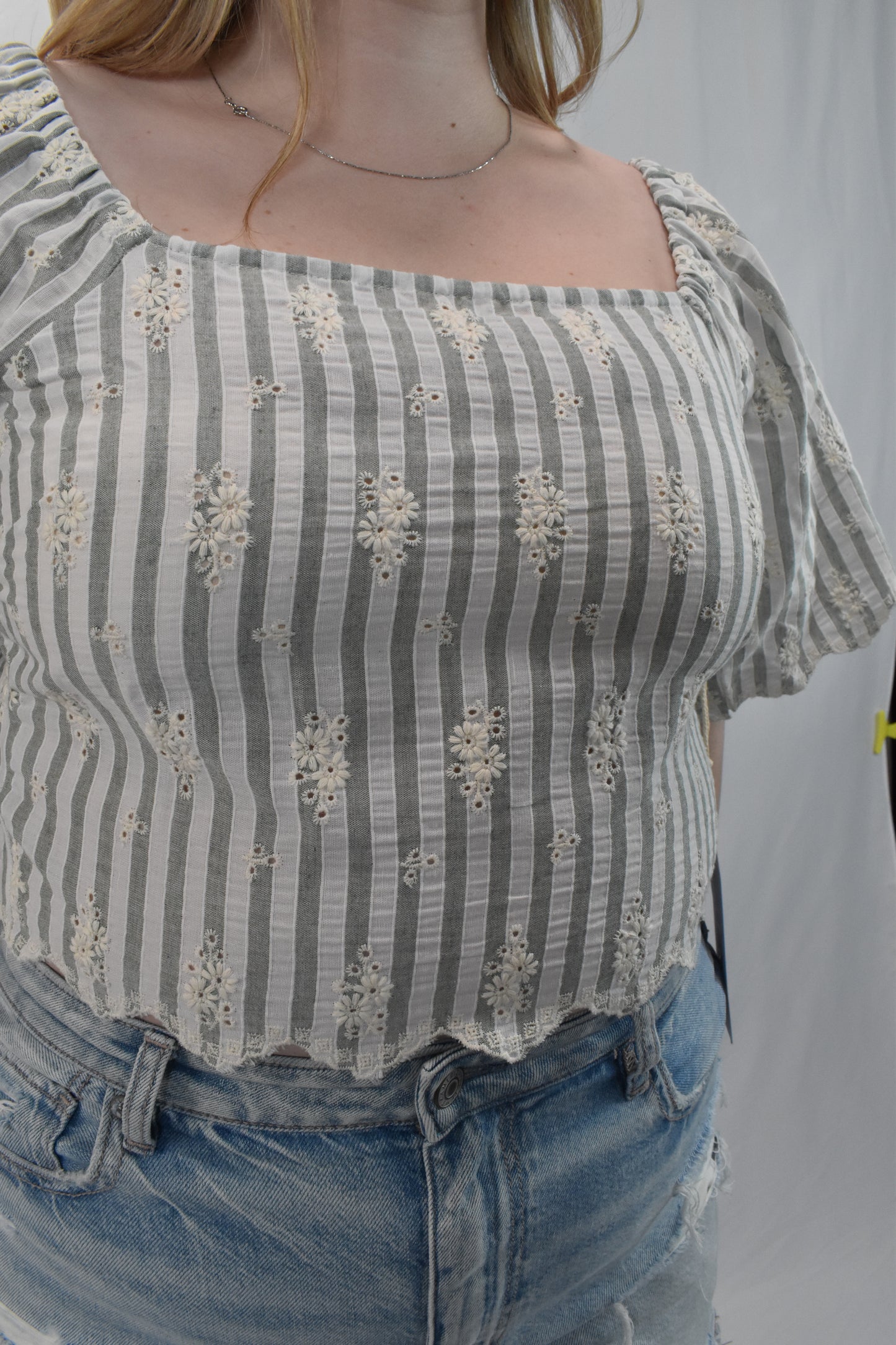 Striped Floral Eyelet Crop Top