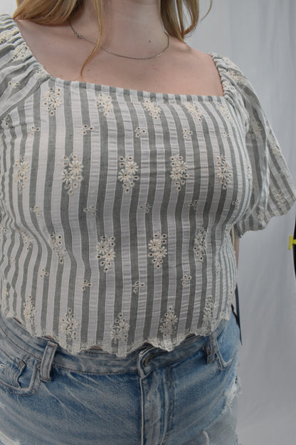 Striped Floral Eyelet Crop Top