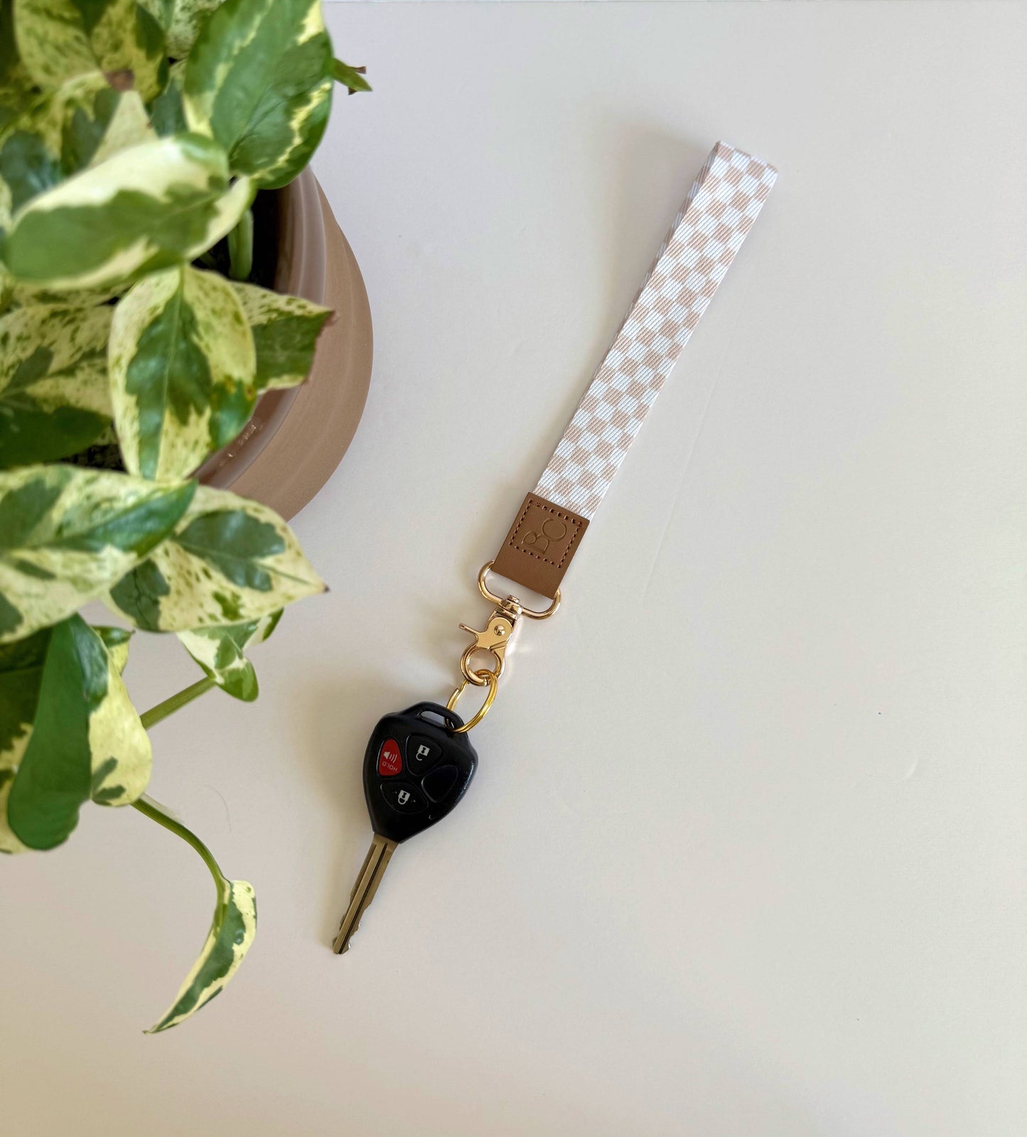 Beige Checker Wristlet Keychain