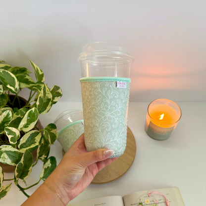 Dainty Green Floral Iced Coffee Sleeve – Reusable Cup Holder