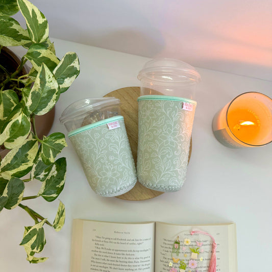 Dainty Green Floral Iced Coffee Sleeve – Reusable Cup Holder
