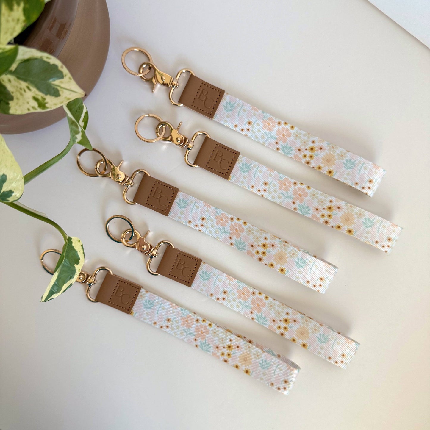 Neutral Spring Floral Wristlet Keychain