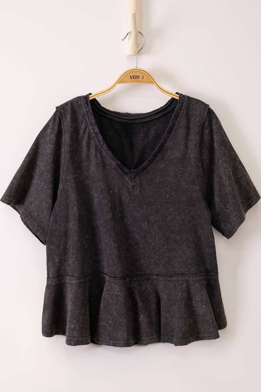 Black Mineral Washed V-Neck with Lace Trim Detail
